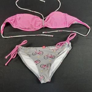 Bikini Two Piece Swimsuit w/ Bicycles and Neon Pink Grey Striped Mixed Sizes S/M